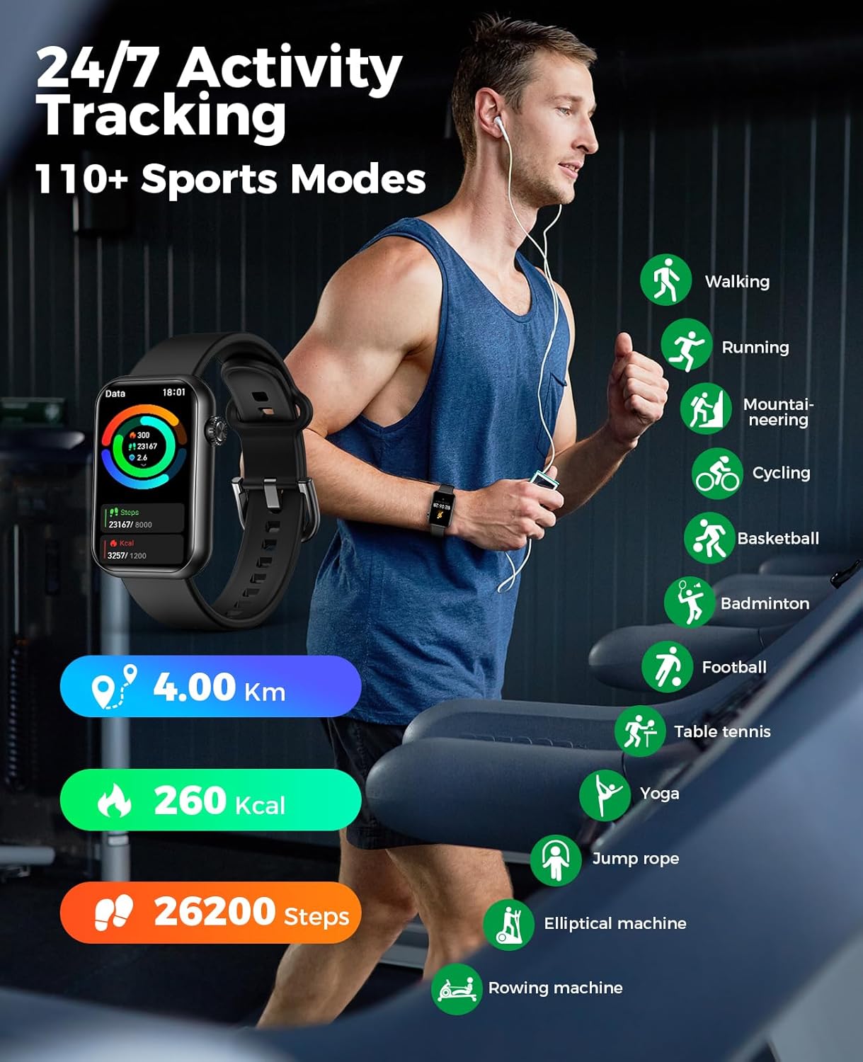 Smart Watch Fitness Tracker (Answer/Make Calls), 24/7 Heart Rate Spo2 Blood Pressure Monitor Sleep Tracker, 114 Sports Modes Calorie Step Tracker Pedometer, Waterproof Activity Tracker for Women Men - Image 3