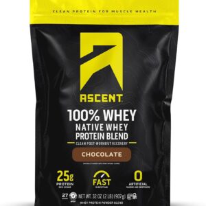 Ascent 100% Whey Protein Powder – Post Workout Whey Protein Isolate, Zero Artificial Flavors & Sweeteners, Gluten Free, 5.5g BCAA, 2.6g Leucine, Essential Amino Acids, Chocolate 2 lb
