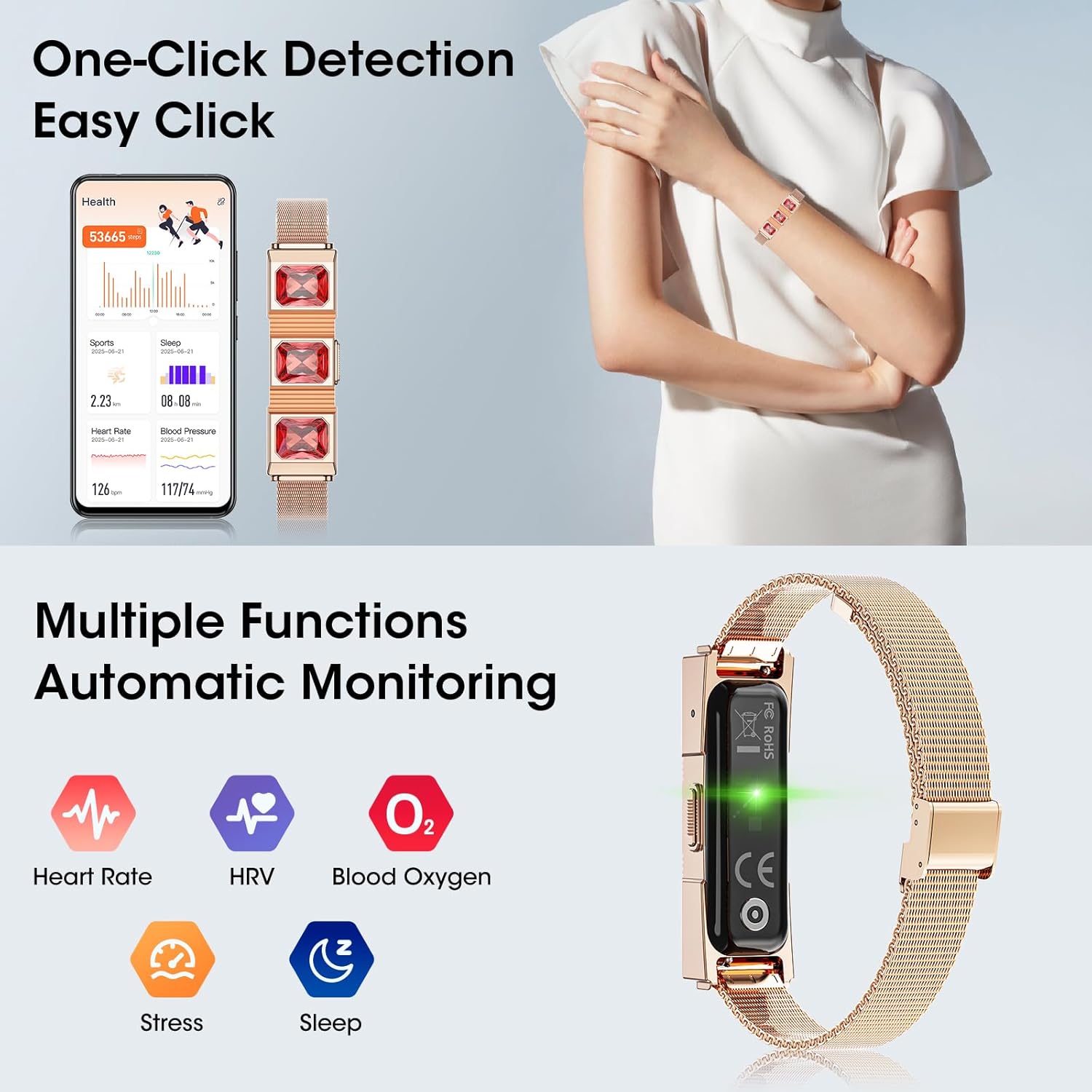 Mingtawn Women's Smart Bracelet with 2 Bands, Health Fitness Tracker, 24/7 Heart Rate/Blood Oxygen/HRV/Sleep Monitor, Fashion Ruby Wristband with Message/Call Reminder Free Subscription (Rose Gold) - Image 2