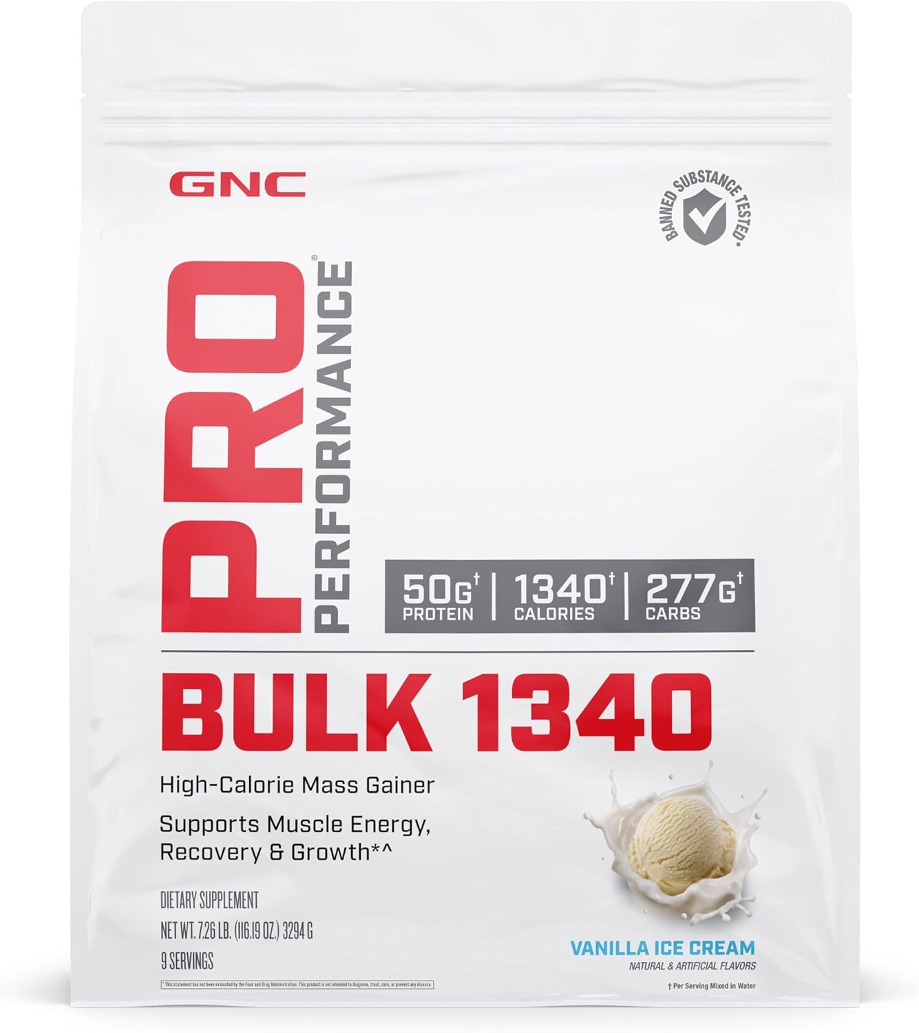 GNC Pro Performance Bulk 1340 Mass Gainer Protein Powder, 50g, Gluten Free, Whey, Creatine, BCAA, 3rd Party Tested, Muscle Recovery & Growth, Micronutrients, Vanilla Ice Cream, 9 Servings - Image 2