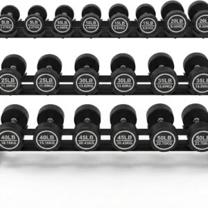 Urethane Dumbbell Set with Rack, 5-50 LB, 10 Pair of Commercial Grade Rubber Encased Dumbbells Set for Home Gym & Commercial Fitness, Durable Strength Training Weights with Storage Rack