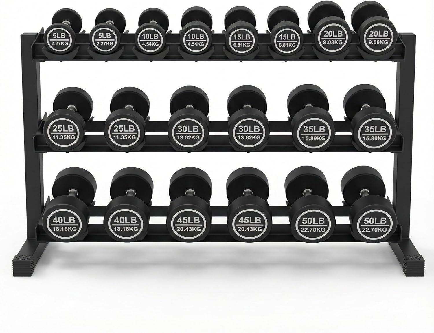Urethane Dumbbell Set with Rack, 5-50 LB, 10 Pair of Commercial Grade Rubber Encased Dumbbells Set for Home Gym & Commercial Fitness, Durable Strength Training Weights with Storage Rack
