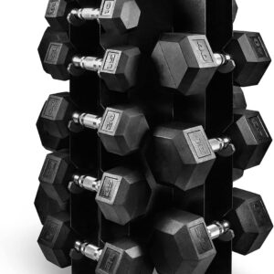 WF Athletic Supply Rubber Coated Hex Dumbbell Set, Multiple Choices Available – Dumbbells with Rack Stand and Mat, or Dumbbells Only (200/550/1200/2100/3000 LB)