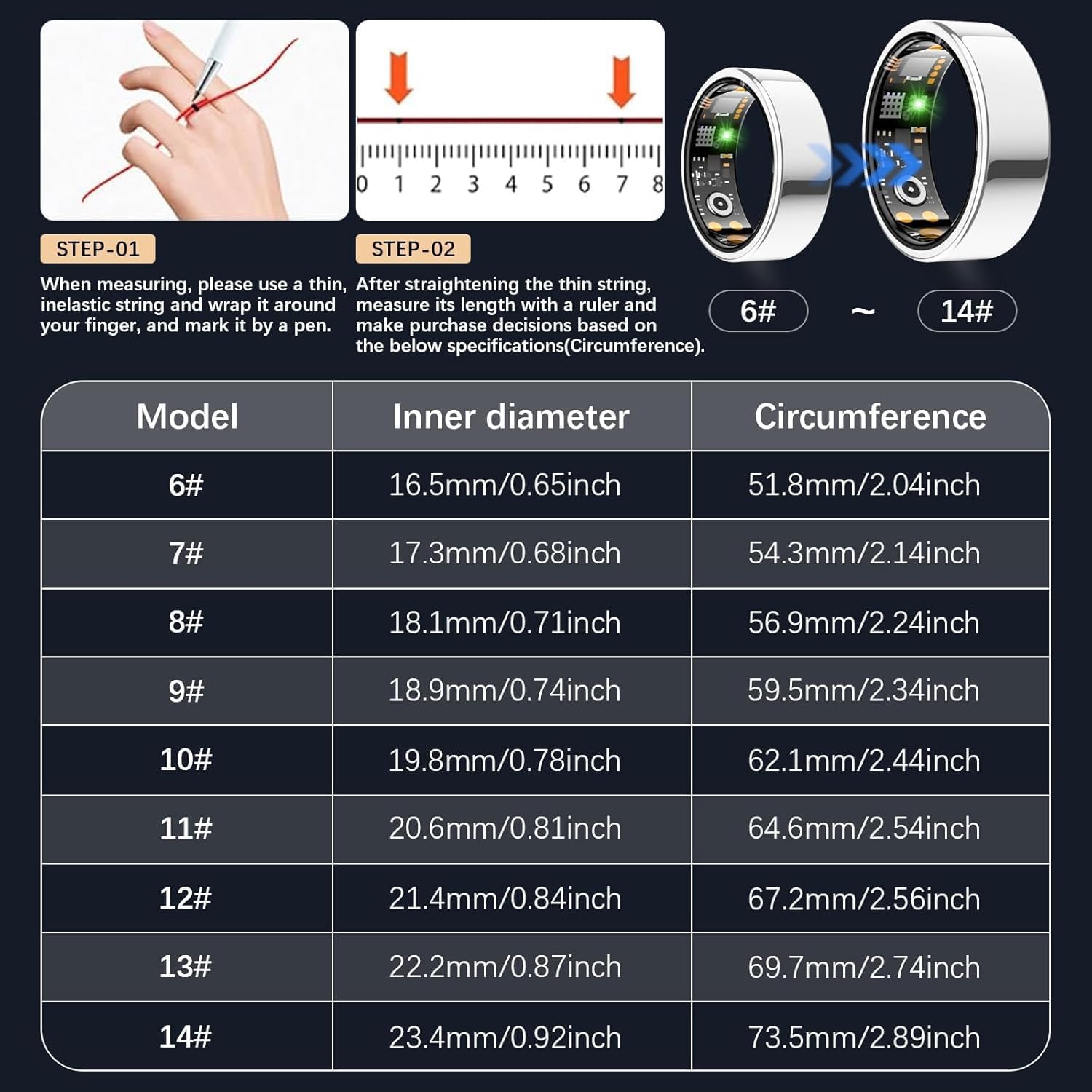 Health Tracker Ring, Smart Health Ring for Women Men with Heart Rate, Blood Oxygen, Sleep Monitor, Steps,Calories, No Subscription Fee, IP68 Waterproof Smart Ring for iPhone & Android (Silver, 7#) - Image 2