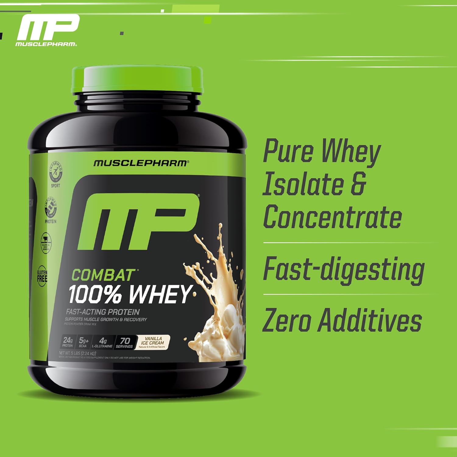 MusclePharm Combat 100% Whey Protein Powder, Vanilla Flavor, Fast Recovery & Muscle Gain with Whey Protein Isolate, High Protein Powder for Women & Men, Gluten Free, 5 lb, 70 Servings - Image 4