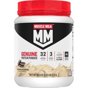 Muscle Milk Genuine Protein Powder, Cookies ‘N Crème, 1.93 Pounds, 13 Servings, 32g Protein, 3g Sugar, Calcium, Vitamins A, C & D, NSF Certified for Sport, Energizing Snack, Packaging May Vary