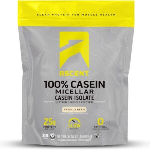Ascent Casein Protein Powder – 25g Micellar Casein Powder with Zero Artificial Flavors & Sweeteners, Gluten-Free, No Added Sugar, 4.9g BCAA, 2.2g Leucine – Vanilla Bean, 2 Pounds