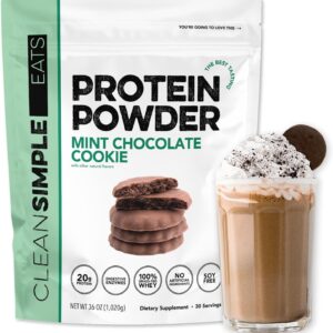 Clean Simple Eats Whey Protein Powder, Mint Chocolate Cookie Flavor, Naturally Sweetened, 100% Grass Fed Protein Powder with Digestive Enzymes, No Artificial Ingredients, Gluten Free, 30 Srvgs