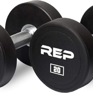 REP Fitness Urethane Coated Round Dumbbells, 5 to 100 lbs, Singles or Pairs, With or Without Rack, Steel Core, Rubber Encased, Chrome Handles, Professional Weights for Home Gym Strength Training