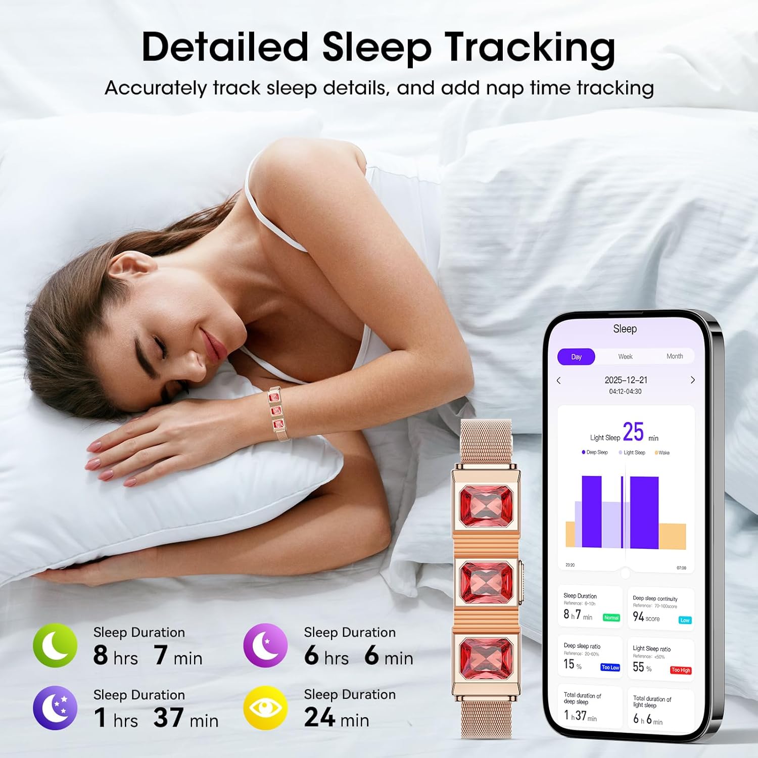 Mingtawn Women's Smart Bracelet with 2 Bands, Health Fitness Tracker, 24/7 Heart Rate/Blood Oxygen/HRV/Sleep Monitor, Fashion Ruby Wristband with Message/Call Reminder Free Subscription (Rose Gold) - Image 3