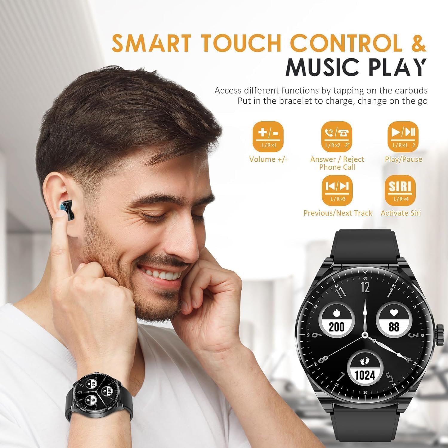 Smart Watch with Earbuds,2 in 1 Watch with Earbuds for Android iOS Can Receive Calls Messages Sleep Tracker Calorie Counter for Men Women - Image 2