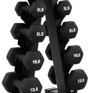 BalanceFrom Neoprene Coated Iron Dumbbell Hex Weights Set with Stand – Color-Coded or Black Options with Non-Slip Grip for Strength Training, Resistance Workouts, and Home Gym Fitness