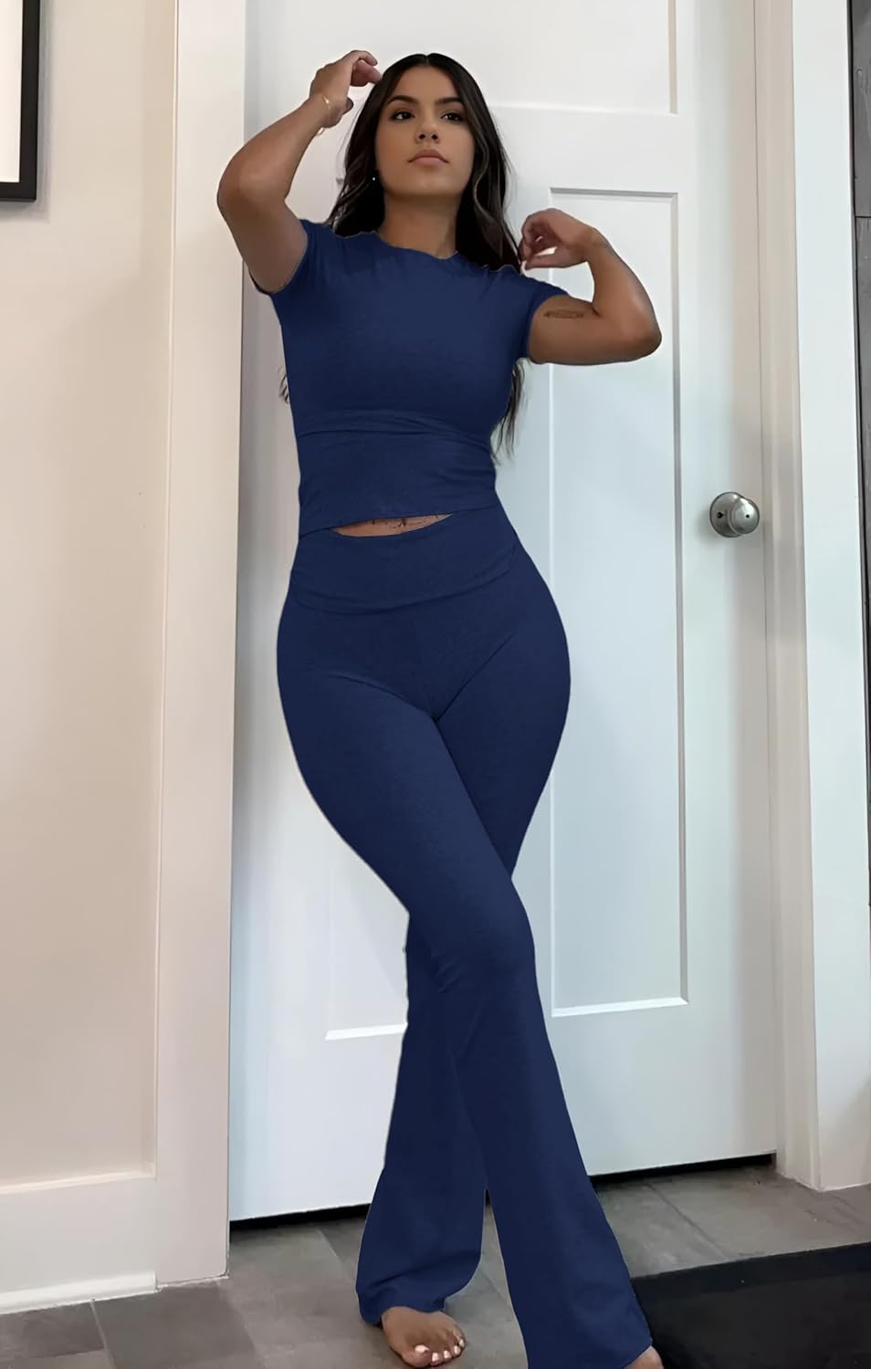 Women's 2 Piece Lounge Outfits Slim Short Sleeve Tops Low Rise Flare Leggings Sets Yoga Sweatsuit - Image 6