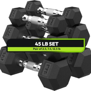 Hex Dumbbell 45-480 lb Set, Rubber Encased Exercise & Fitness Dumbbells for Home Gym, Hand Weights for Strength Training