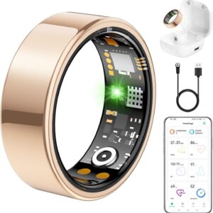 Ring Health Tracker for Women Men, Fit Ring with Heart Rate, Blood Oxygen, Sleep Monitor, Calories, Step Counter, IP68 Waterproof Smart Ring for iPhone & Android, No Subscription Fee (Rose Gold, 10#)