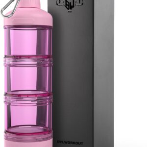 BYLWORKOUT 3-Layer Protein Powder Travel Container with Funnel and Keychain | Portable Food Storage Organizer for Gym, Fitness, Kitchen, Camping, Hiking, and Travel (Pink)