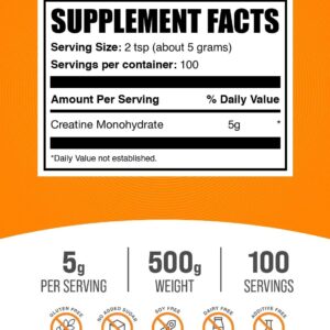 BulkSupplements.com Creatine Monohydrate Powder – Micronized Creatine Powder, Unflavored – Pure & Gluten Free, 5g per Serving, 500g (1.1 lbs) (Pack of 1)
