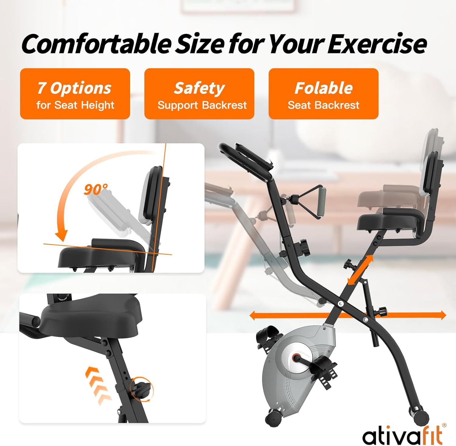 ATIVAFIT Exercise Bike Foldable Fitness Indoor Cycling Bike Magnetic 3 in 1 Upright Recumbent Exercise Bike with Resistance Bands for Home Workout - Image 6