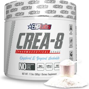 EHP Labs CREA-8 Micronized Creatine Monohydrate Powder – Unflavored Creatine Powder for Muscle Growth, Increased Strength, Enhanced Energy Output and Improved Performance – 100 Servings (500g)