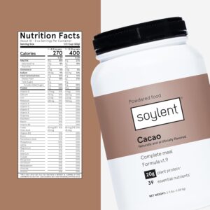 Soylent Complete Nutrition Meal Replacement Protein Powder, Cacao – Plant Based Vegan Protein, 39 Essential Nutrients – 36.8oz