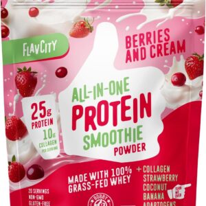 FlavCity Grass Fed Whey Protein Powder – Berries & Cream – 25g Protein & 10g Collagen – Made with Organic Strawberries & Coconut Milk – Gluten Free & No Added Sugars (20 Servings)