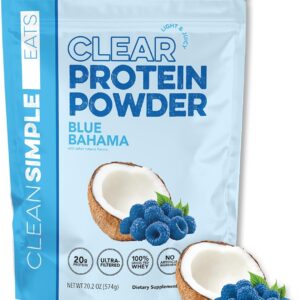 Clean Simple Eats Clear Protein Drinks, 20G Grass Fed Whey Protein Isolate, Ultra Filtered, Light & Refreshing Beverage, Low Lactose, No Artificial Ingredients, Blue Bahama Flavor, 20 Servings