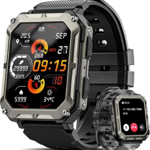 Rgthuhu Military Smart Watches for Men (Answer/Make Call), 100M Waterproof Rugged Smart Watch for Android Phones and iPhone, 1.9″ Outdoor Sports Fitness Tracker with Heart Rate, Sleep Monitor, Black