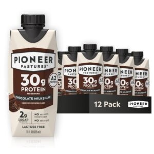 Pioneer Pastures – High Protein A2 Milkshakes – Chocolate – A2 Nutritional Milk, 30g Protein, 2g Sugar, No Artificial Sweeteners, No Seed Oils – All-Natural, Breakfast Shake, Meal Replacement, Workout – 11oz, 12 Pack