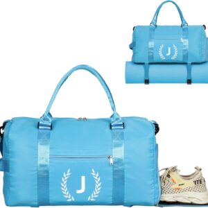 Gym Bag for Women, Personalized Duffle Bag with Shoe Compartment, Sports Bag for Yoga & Dance with Wet Pocket and Mat Strap(AquaBlue,J)