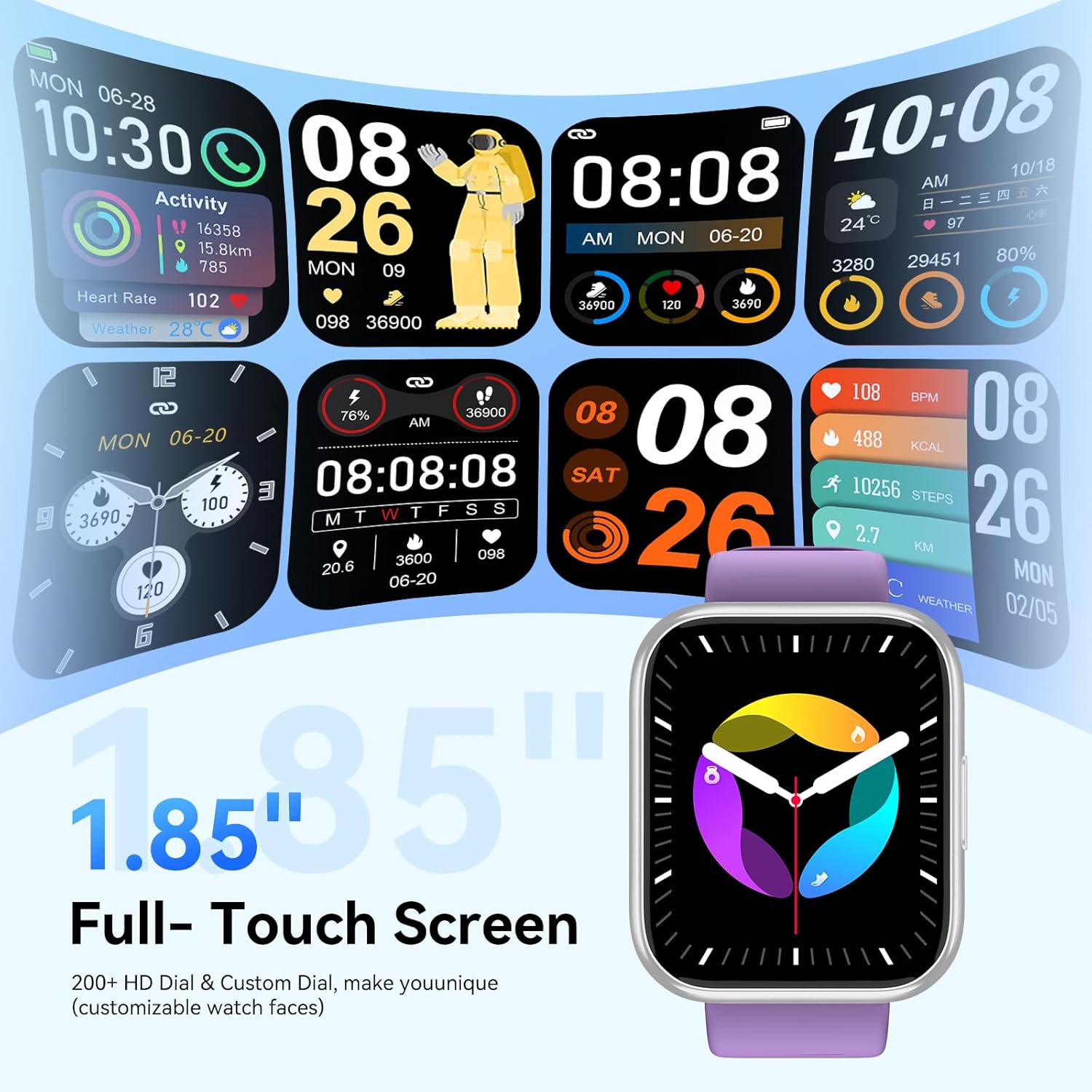 Smart Watch for Men Women, 1.85" HD Smart Watch with Bluetooth Calls, 120+ Sport Modes Fitness Watch, Fitness Tracker 24/7 Heart Rate/Sleep Monitor, IP68 Waterproof, iOS Android Compatible (Purple) - Image 5