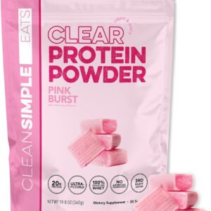 Clean Simple Eats Clear Protein Drinks, 20G Grass Fed Whey Protein Isolate, Ultra Filtered, Light & Refreshing Beverage, Low Lactose, No Artificial Ingredients, Pink Burst Flavor, 20 Servings