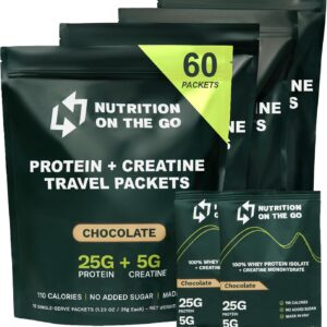 Nutrition On The Go Whey Protein Isolate Packets with Creatine – 25g Protein + 5g Creatine – Single-Serve Travel Protein Powder – Chocolate (60-Pack)
