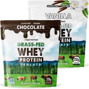 Opportuniteas Grass Fed Vanilla Choco Whey Protein Isolate Powder – 20g Protein Powder Without Artificial Sweeteners, Hormone-Free Cows, Non GMO – 5lb