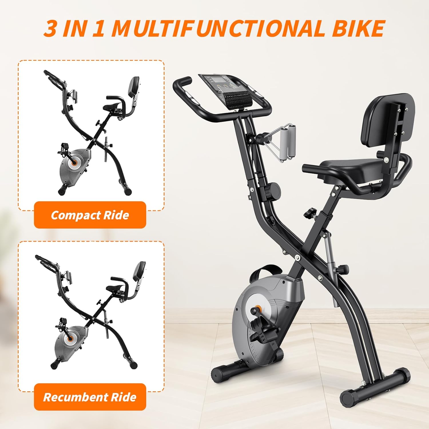 ATIVAFIT Exercise Bike Foldable Fitness Indoor Cycling Bike Magnetic 3 in 1 Upright Recumbent Exercise Bike with Resistance Bands for Home Workout - Image 3
