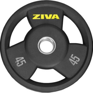ZIVA Olympic Weight Plate – Premium Urethane-Coated Grip Disc with 2″ Stainless Steel Insert and 3-Position Handle – Sold Individually (2.5–45 lb) Does not fit Standard Studio Barbell