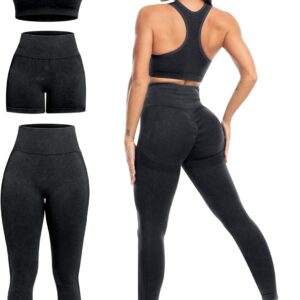 SALSPOR 3 Piece Workout Sets for Women Butt Lifting Leggings with High Impact Sports Bra Gym Shorts