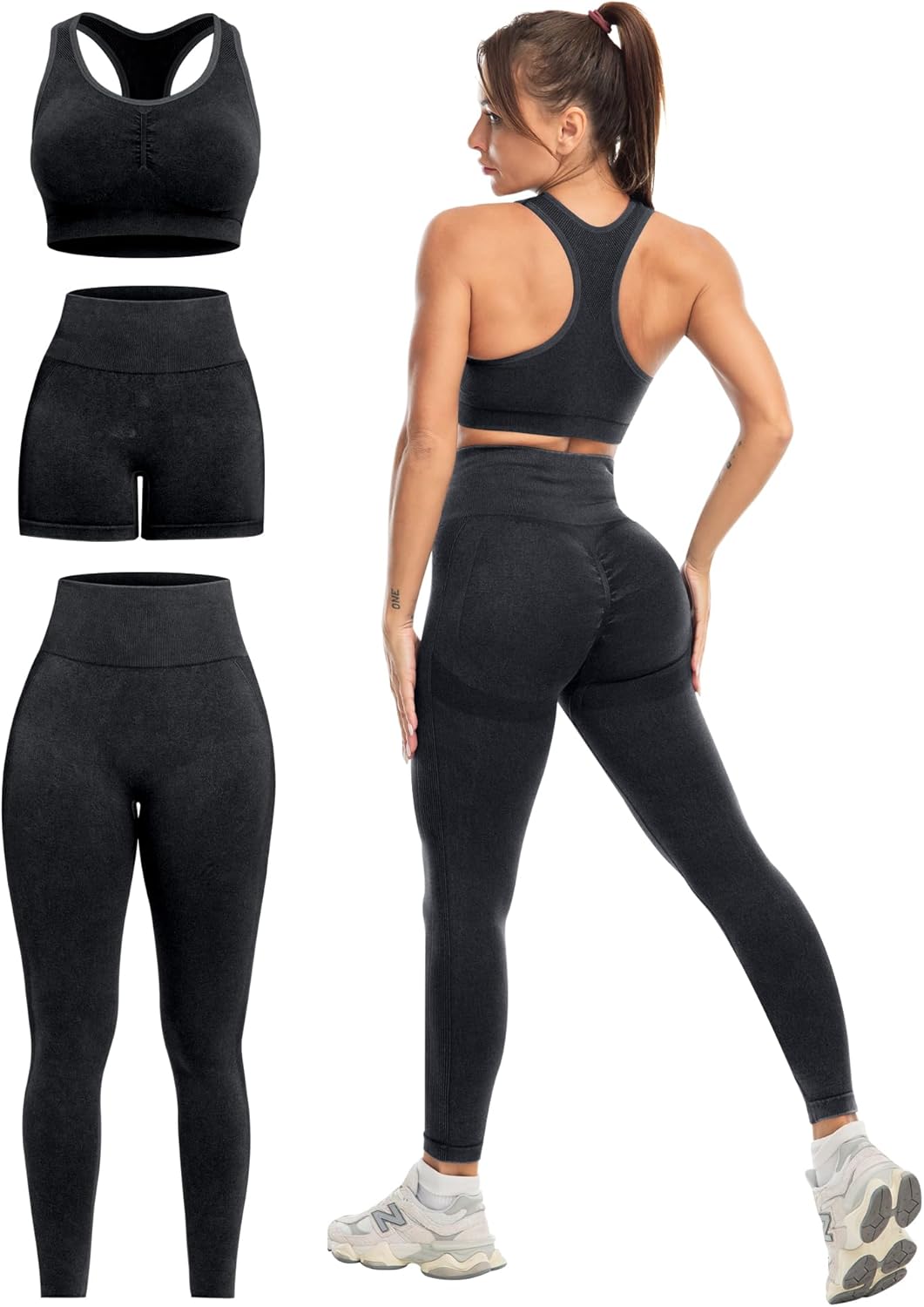 SALSPOR 3 Piece Workout Sets for Women Butt Lifting Leggings with High Impact Sports Bra Gym Shorts