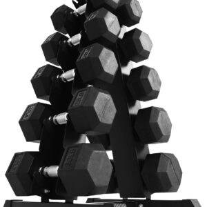 BalanceFrom Rubber Coated Hex Dumbbell Set with A-Frame Rack, Black – Solid Cast Iron Home Gym Weights with Chrome Handles for Full-Body Strength Training and Muscle Toning