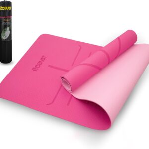 Robust Non-Slip Yoga Mat with Strap, 1/4″ Thick TPE Eco-Friendly Workout Mat for Yoga with Position Lines and Texture Surface, Gym Mat for Women, Men, Pilates and Exercises Anti-Tear Sweat-Proof Exercise Mat