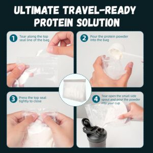 Protein Powder Travel Container Set – 60 Disposable Bags with Storage Pouch & Scoop | Leakproof Stand-UP Design for Gym, Workouts, Travel | Mess-Free Supplement Storage Solution