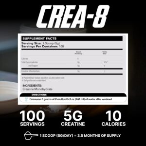 EHP Labs CREA-8 Micronized Creatine Monohydrate Powder – Unflavored Creatine Powder for Muscle Growth, Increased Strength, Enhanced Energy Output and Improved Performance – 100 Servings (500g)
