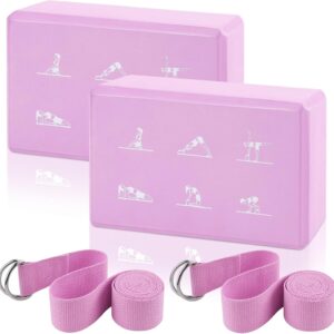 2 Yoga Block and 2 Yoga Strap Set,Non-slip EVA Foam Blocks, High Density Yoga Bricks with 6ft Strap, Supportive Latex-Free Yoga Block Accessories for Pilates