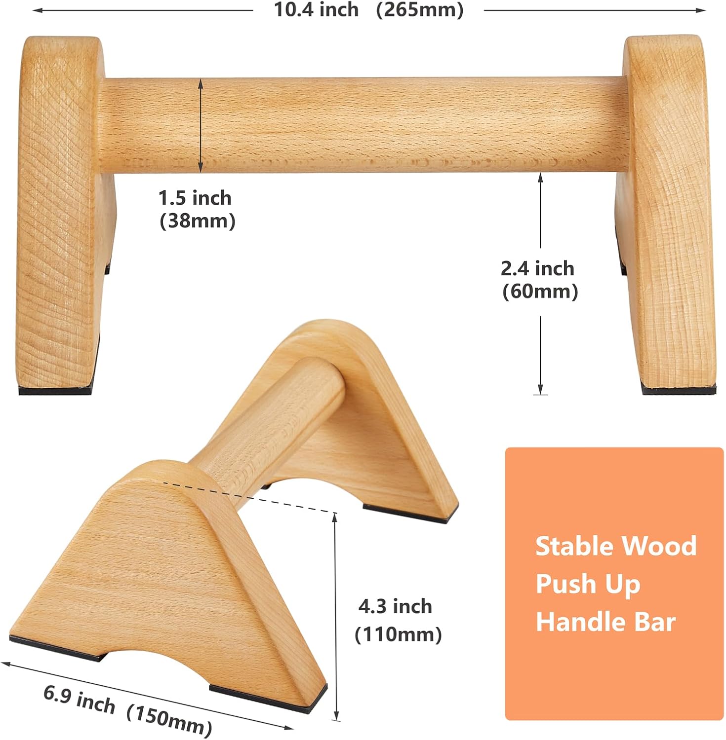 1 Pair Non-Slip Wood Push Up Bars, Strength Training Wooden Parallettes Bar Push Up Handles, Calisthenics Equipment for Home Floor Workout - Image 2