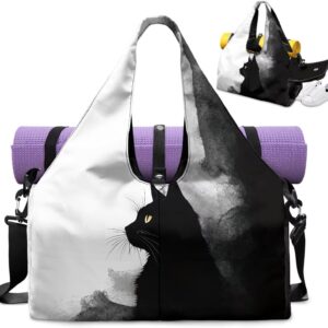 Black Cat Print Gym Bag with Shoe Compartment Large Capacity Duffle Bags Portable Lightweight Gym Bag with Wet Pocket Water Resistant Yoga Mat Holder Duffel Bags Swimming Yoga Workout