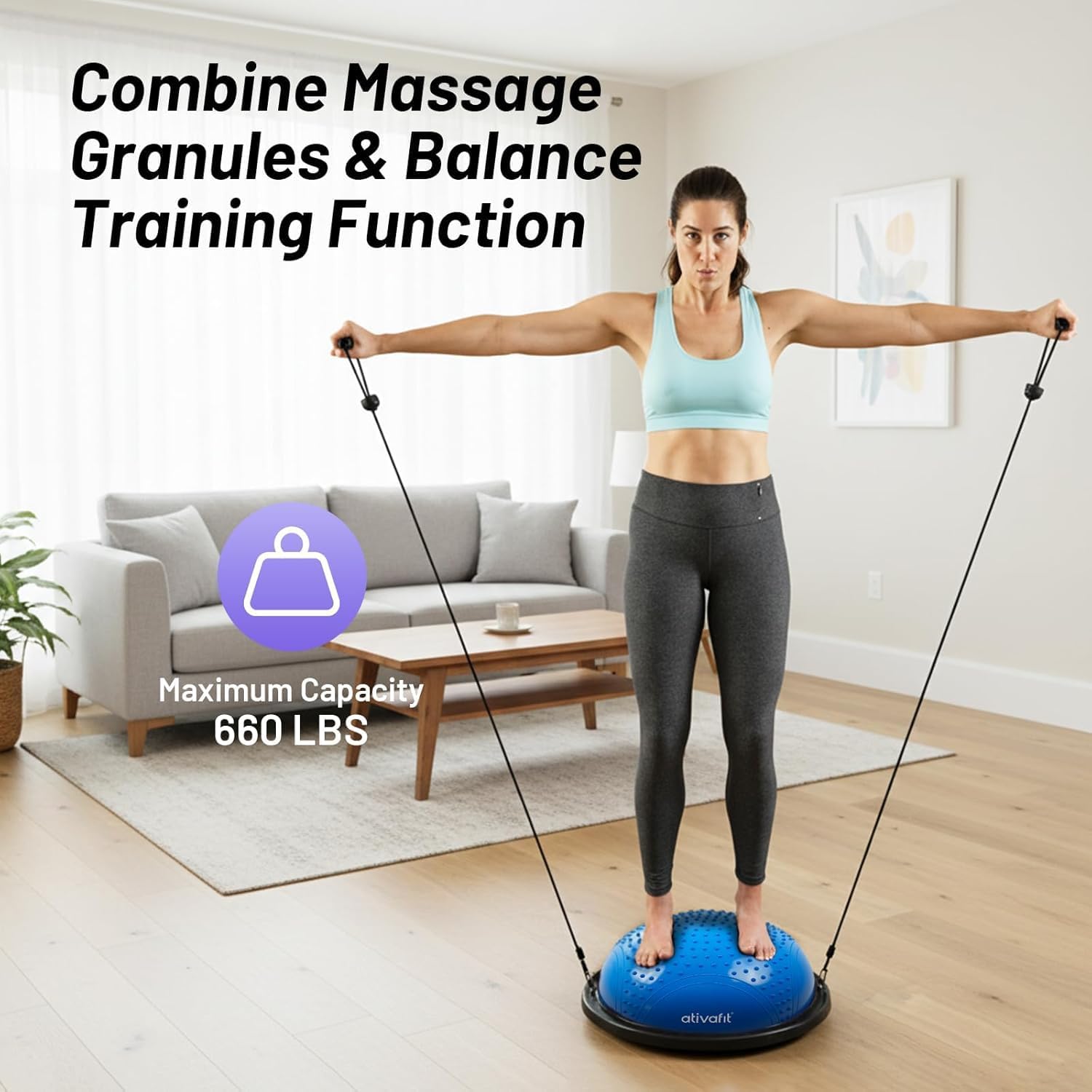 ATIVAFIT Half Exercise Ball with Massage Granules, resistance Bands Balance Ball Balance Trainer for Home Gym Full Body Workouts Half Ball Balance Trainer For Men Women (Black) - Image 5