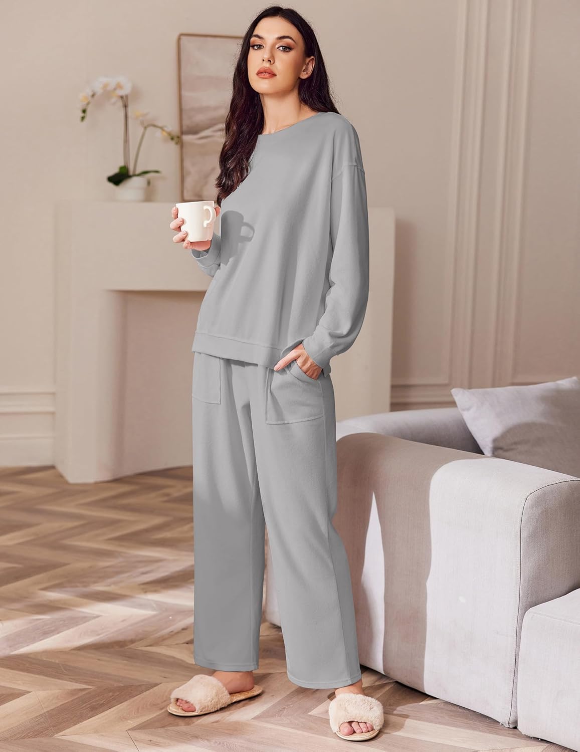 Ekouaer Womens Tracksuits 2 Piece Long Sleeve Outfits Micro Fleece Sweatsuit Sets Wide Leg Sweatpants - Image 4
