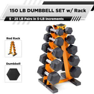 WF Athletic Supply 5-25Lb Rubber Coated Hex Dumbbell Set with A Frame Storage Rack Non-Slip Hex Shape for Muscle Toning, Strength Building & Weight Loss – Multiple Choices Available
