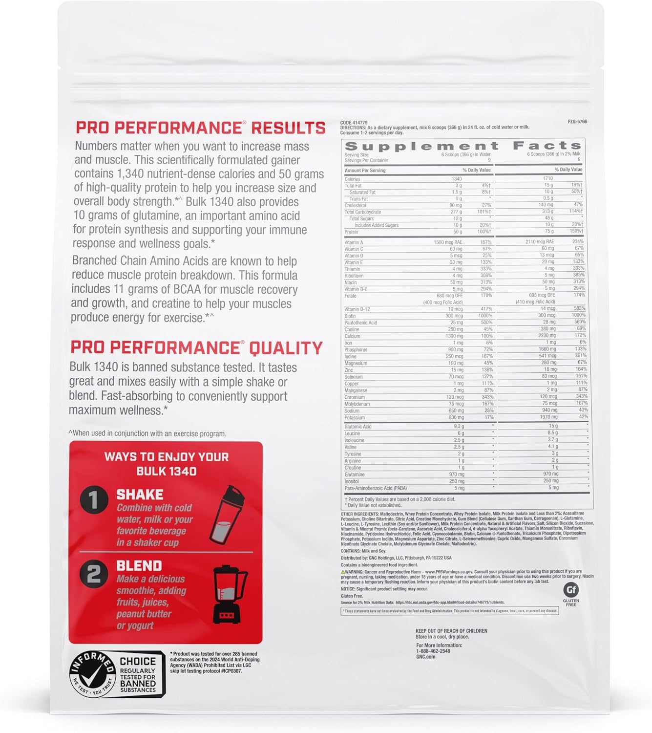 GNC Pro Performance Bulk 1340 Mass Gainer Protein Powder, 50g, Gluten Free, Whey, Creatine, BCAA, 3rd Party Tested, Muscle Recovery & Growth, Micronutrients, Vanilla Ice Cream, 9 Servings - Image 3