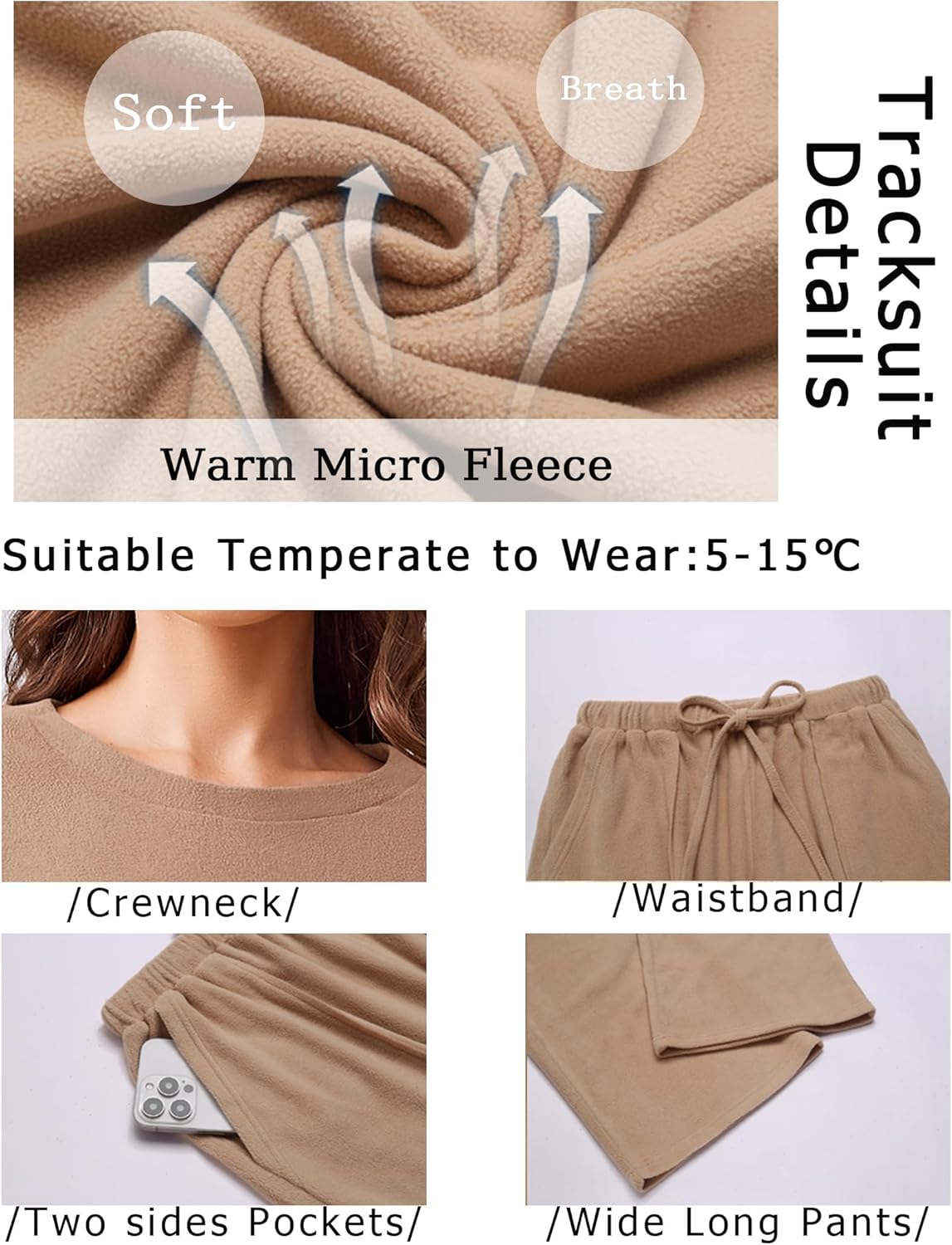 Ekouaer Womens Tracksuits 2 Piece Long Sleeve Outfits Micro Fleece Sweatsuit Sets Wide Leg Sweatpants - Image 2