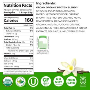 Orgain Organic Vegan Protein Powder + Oat Milk, Vanilla Bean – 20g Plant Based Protein, Gluten Free, No Dairy, Soy or Lactose Ingredients, Low Sugar, Non-GMO, Kosher, For Shakes & Smoothies – 1.05lb